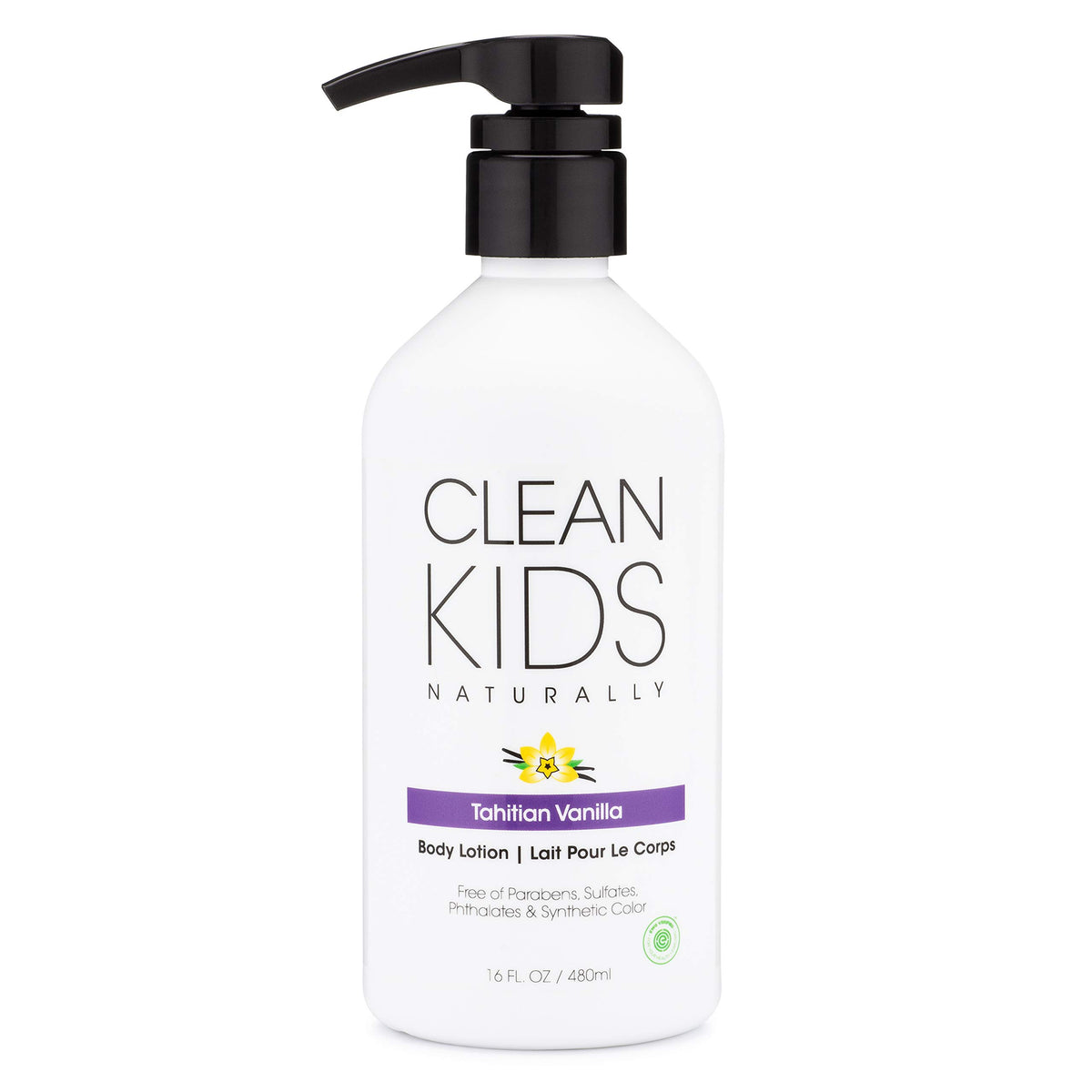 Gabriel Cosmetics Clean Kids Tahitian Vanilla Lotion bottle front showing gentle hydration for sensitive skin