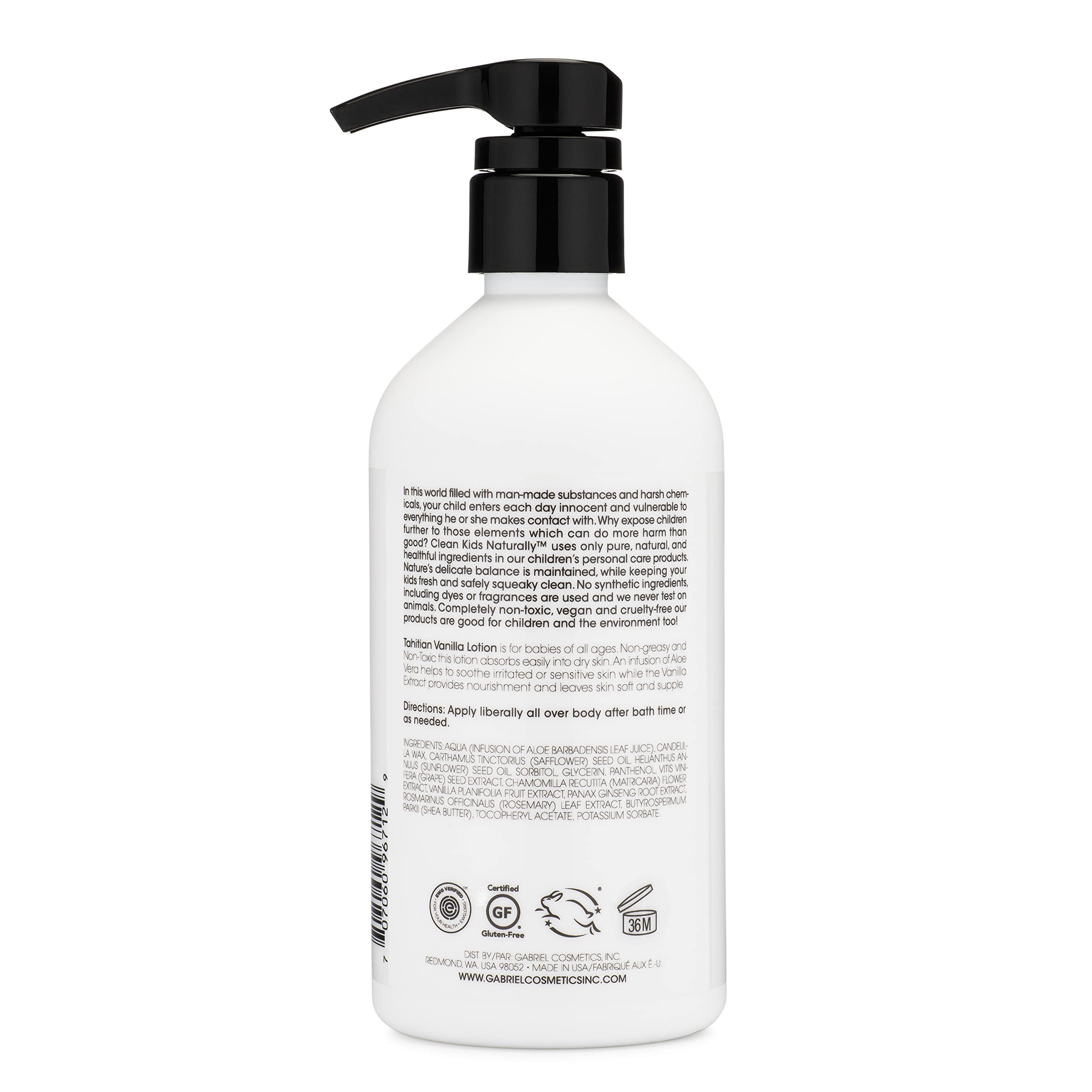 Gabriel Cosmetics Clean Kids Tahitian Vanilla Lotion bottle pour illustrating non-greasy absorption