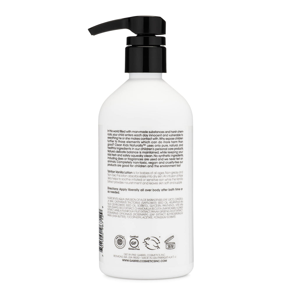 Gabriel Cosmetics Clean Kids Tahitian Vanilla Lotion bottle pour illustrating non-greasy absorption