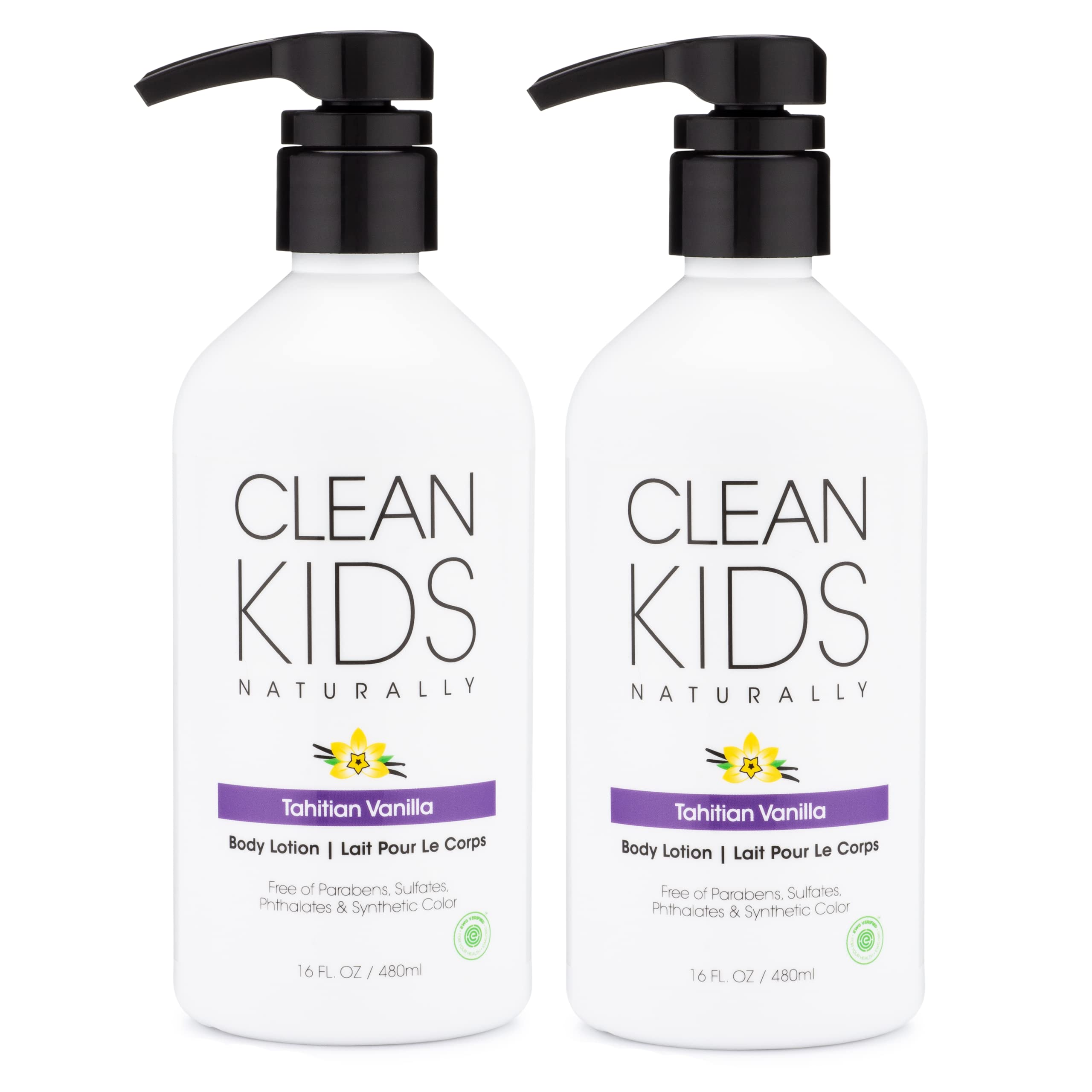 Gabriel Cosmetics Clean Kids Tahitian Vanilla Body Lotion bottle highlights the gentle, hydrating formula.