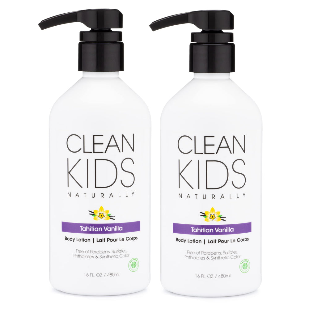 Gabriel Cosmetics Clean Kids Tahitian Vanilla Body Lotion bottle highlights the gentle, hydrating formula.