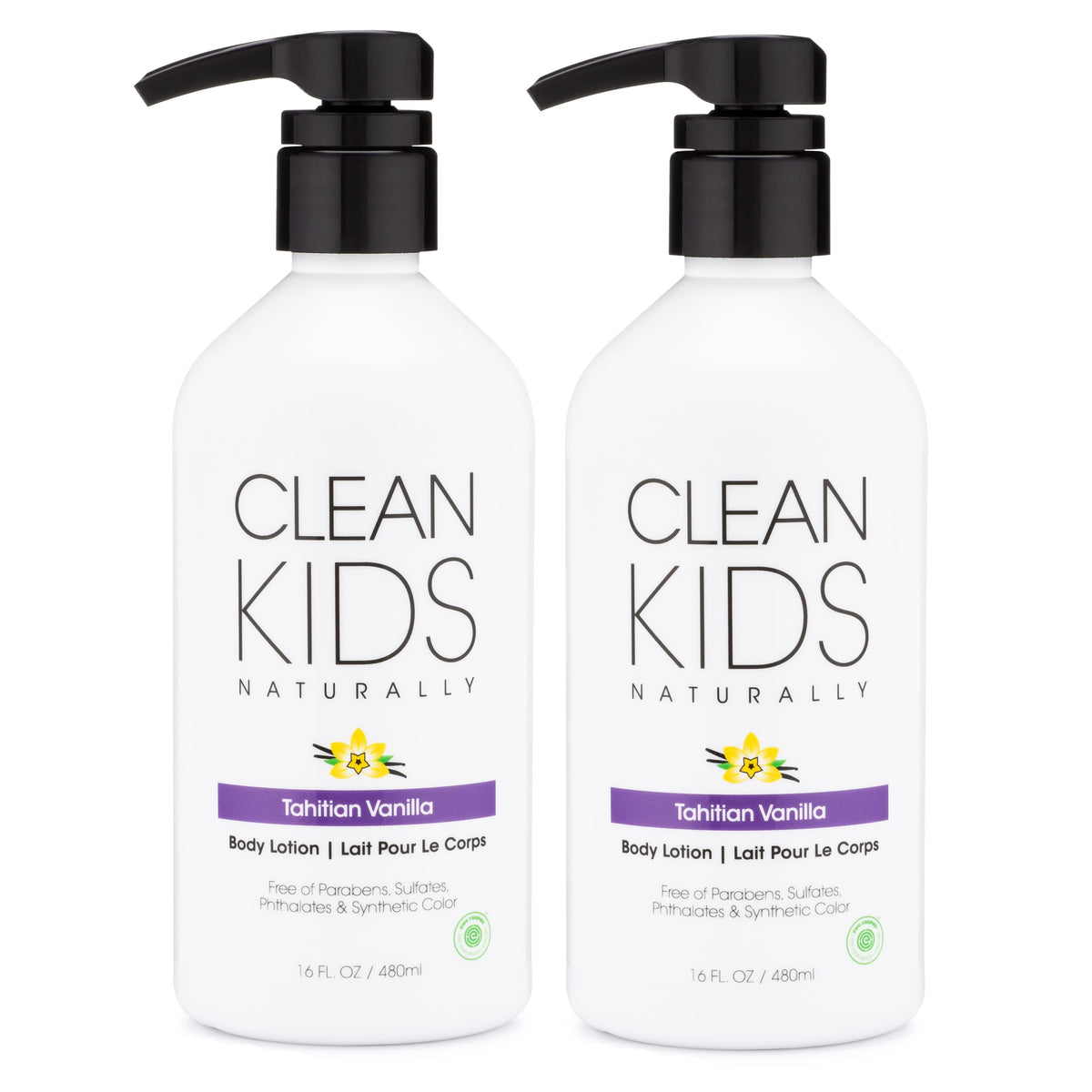 Gabriel Cosmetics Clean Kids Tahitian Vanilla Body Lotion bottle highlights the gentle, hydrating formula.
