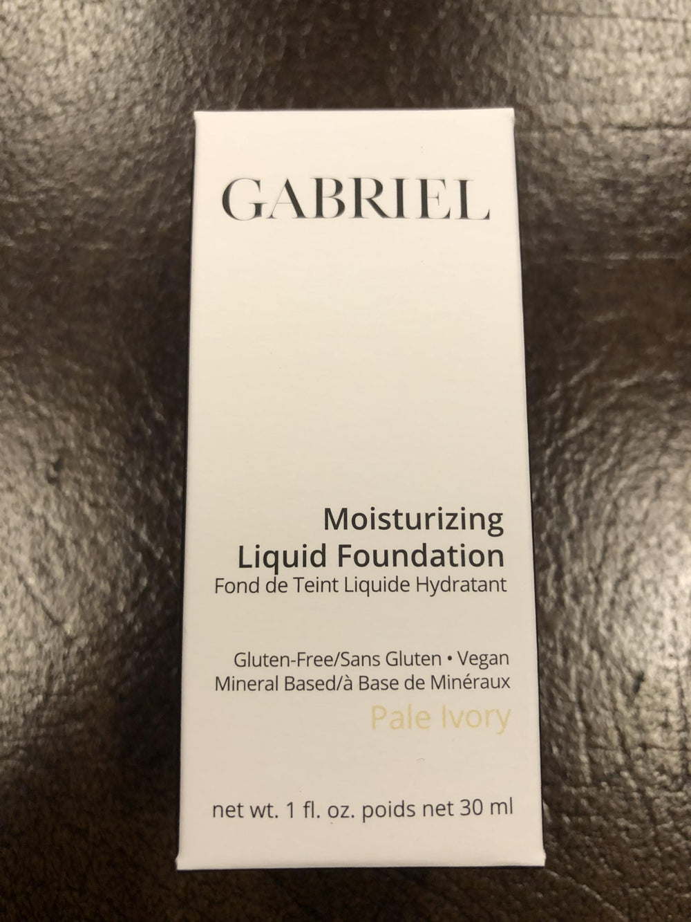Gabriel Cosmetics liquid foundation packaging box highlights vegan and mineral-based formula.
