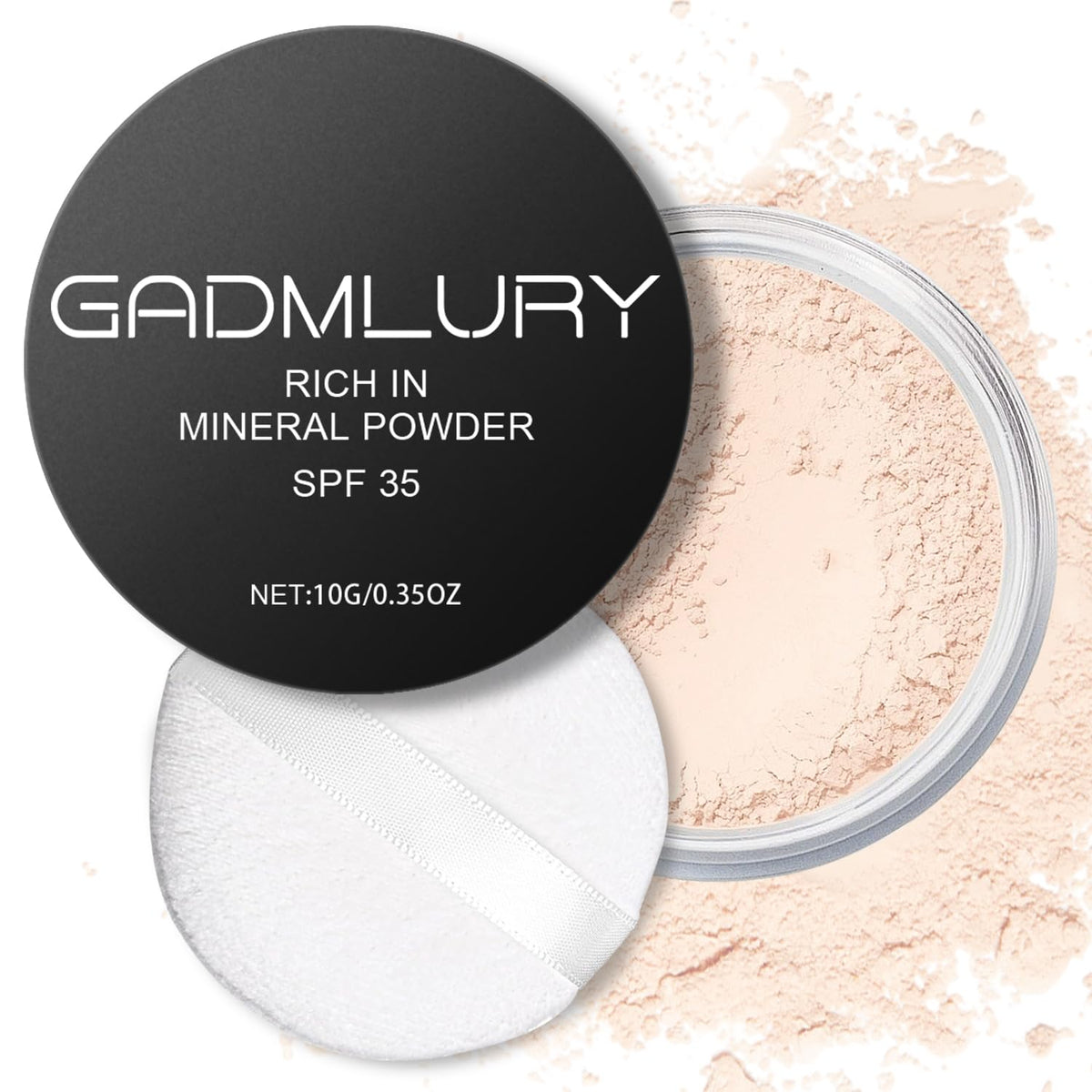GADMLURY mineral setting powder with puff for on-the-go oil-control touchups.