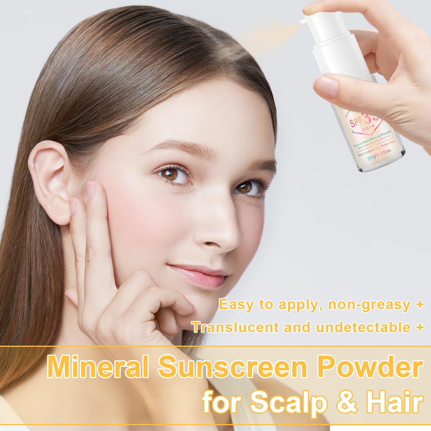 GADMLURY sunscreen powder application close-up showing easy blend on hair
