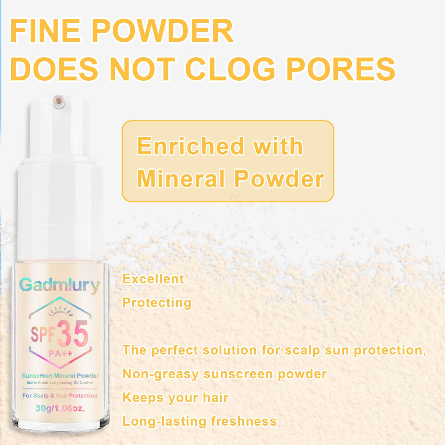 GADMLURY mineral sunscreen powder delivers a no-greasy finish for hair