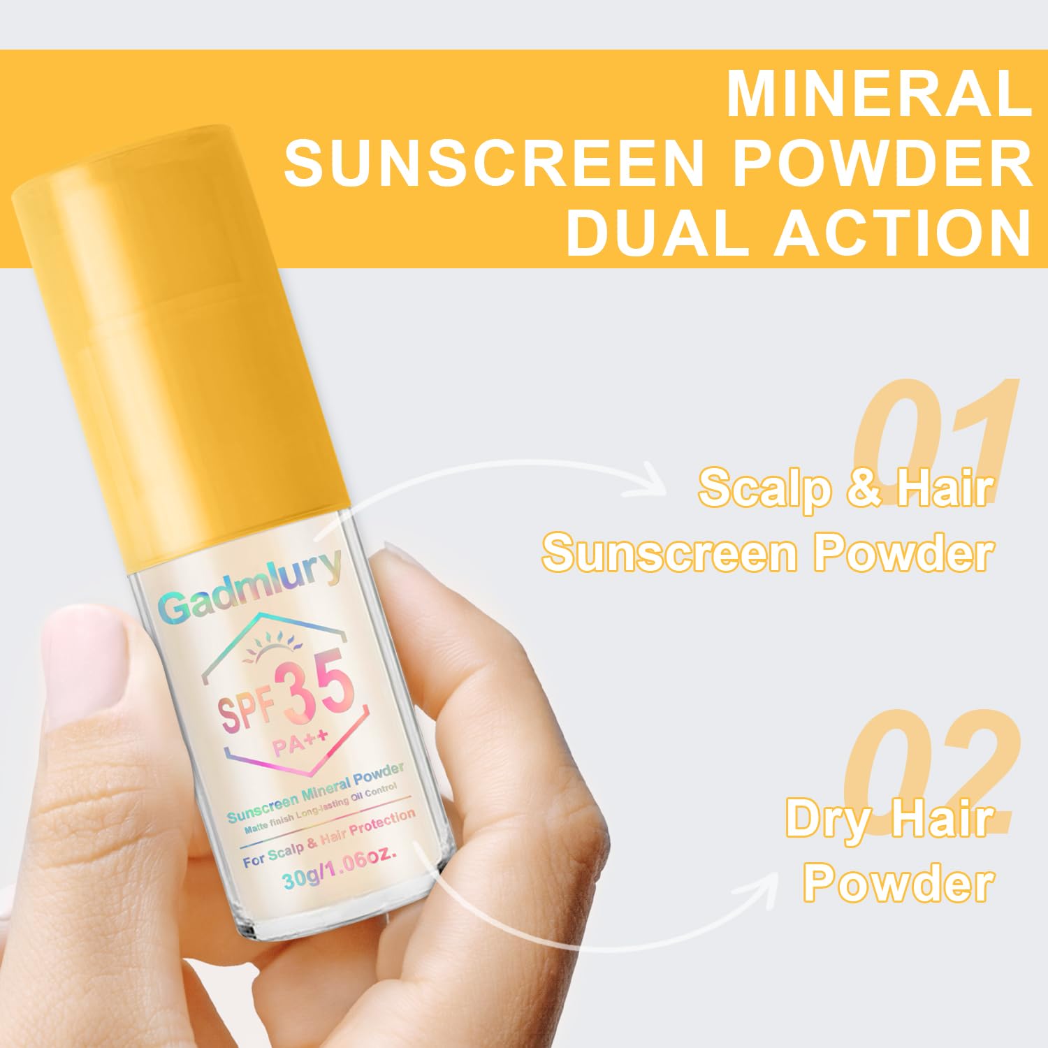 GADMLURY mineral powder protects the scalp with SPF 35 PA++ outdoors
