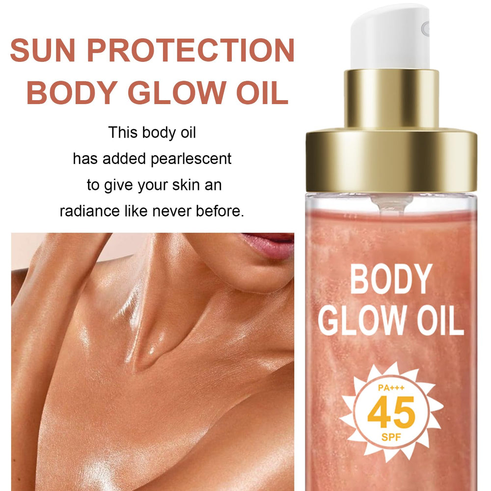 GADMLURY Sunscreen Shimmer Oil shows gold-mica shimmer for beach-ready radiance.
