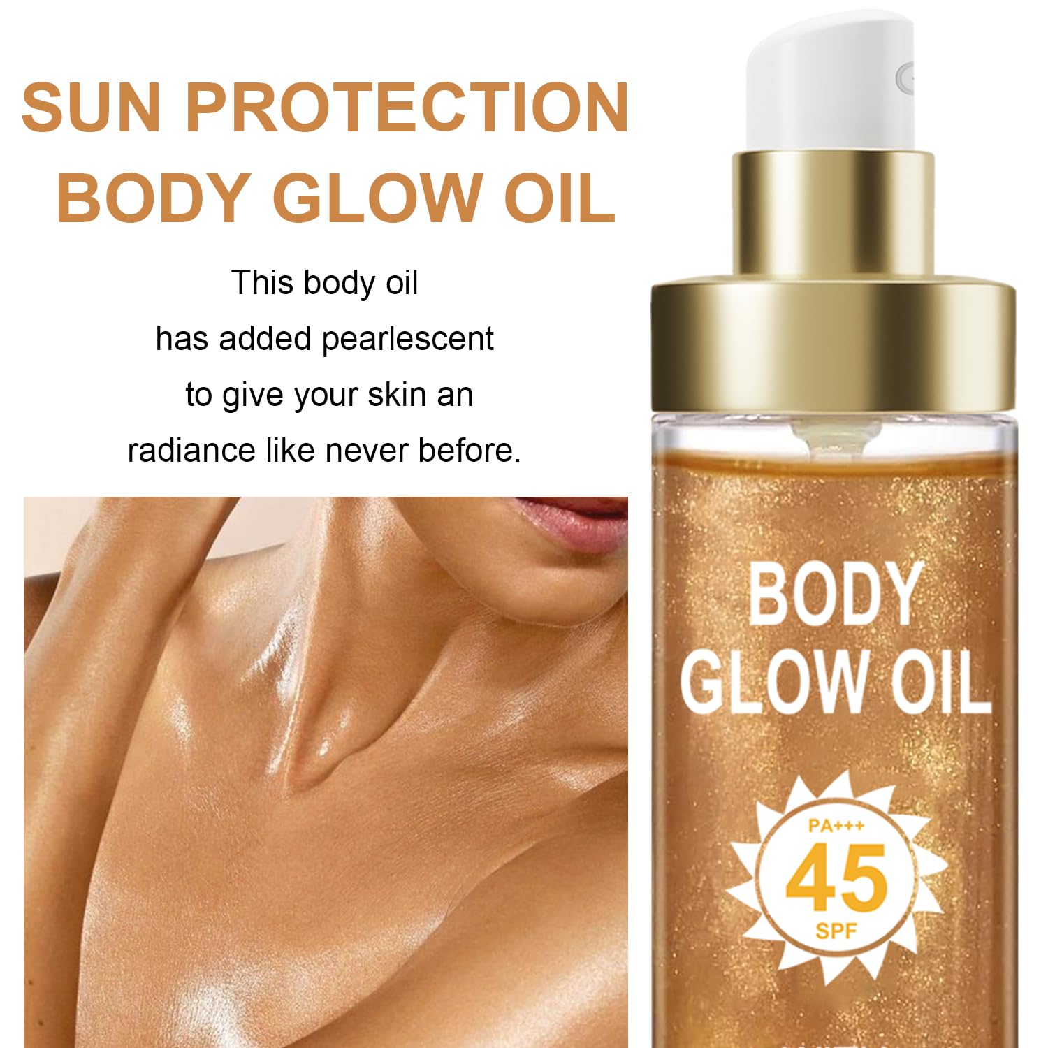 GADMLURY Sunscreen Shimmer Oil SPF45 bottle highlighting protective shimmer for outdoor days.