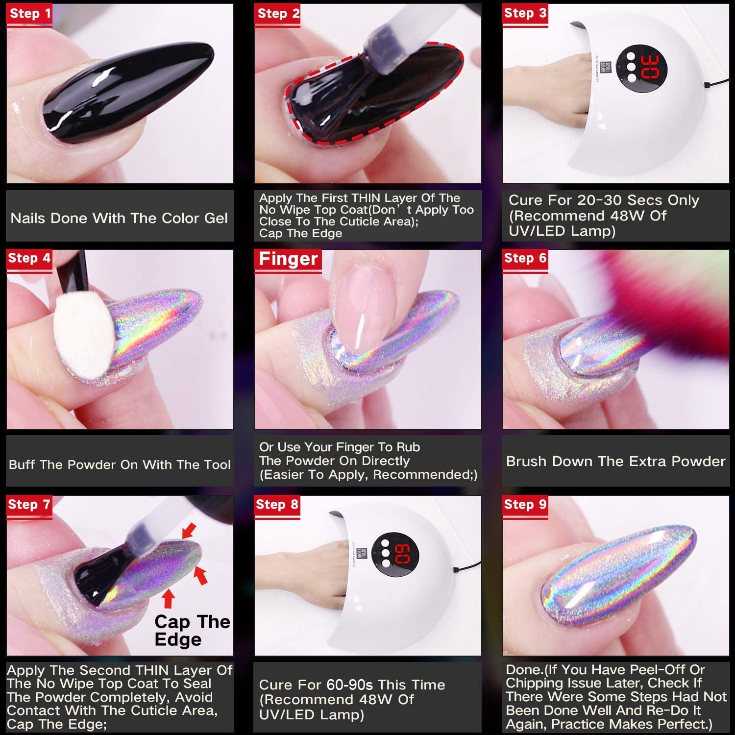 Holographic finish varies with gel color for creative nail art variations