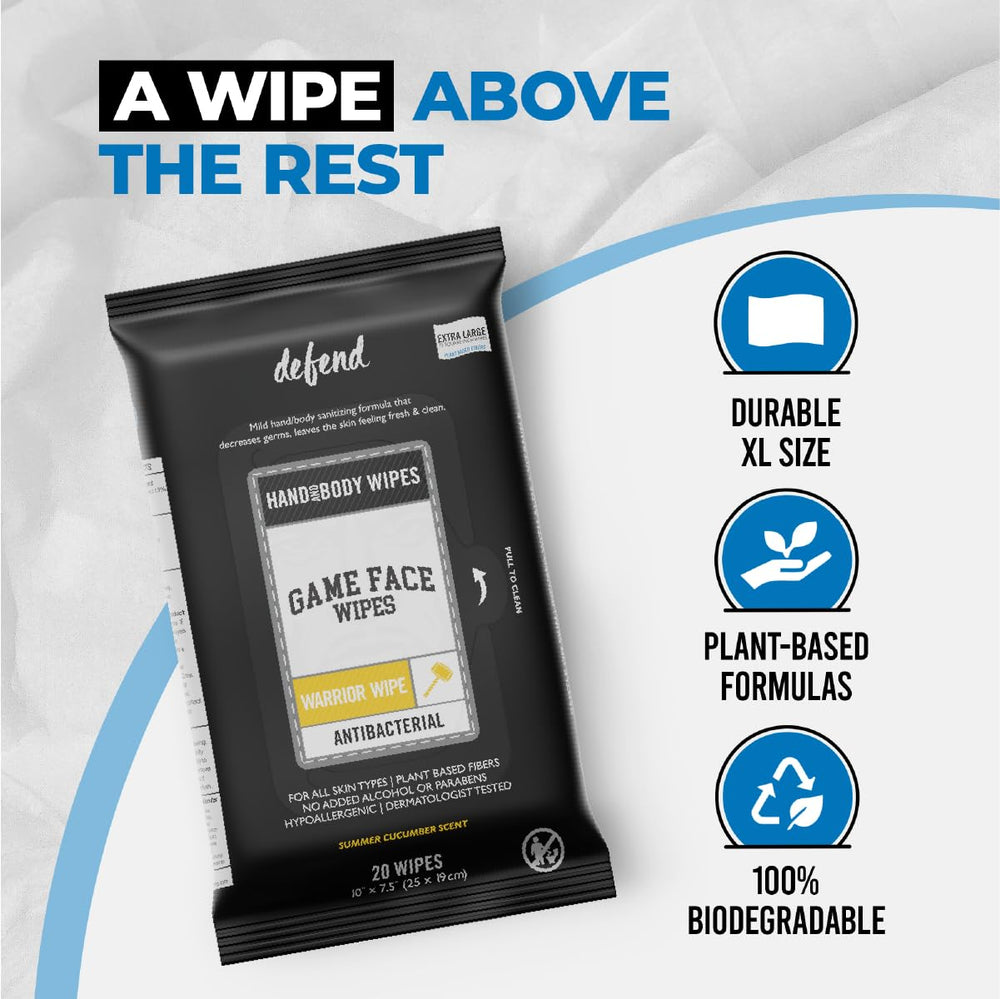 20-count XL label on Game Face Warrior Wipes for visible size and value.