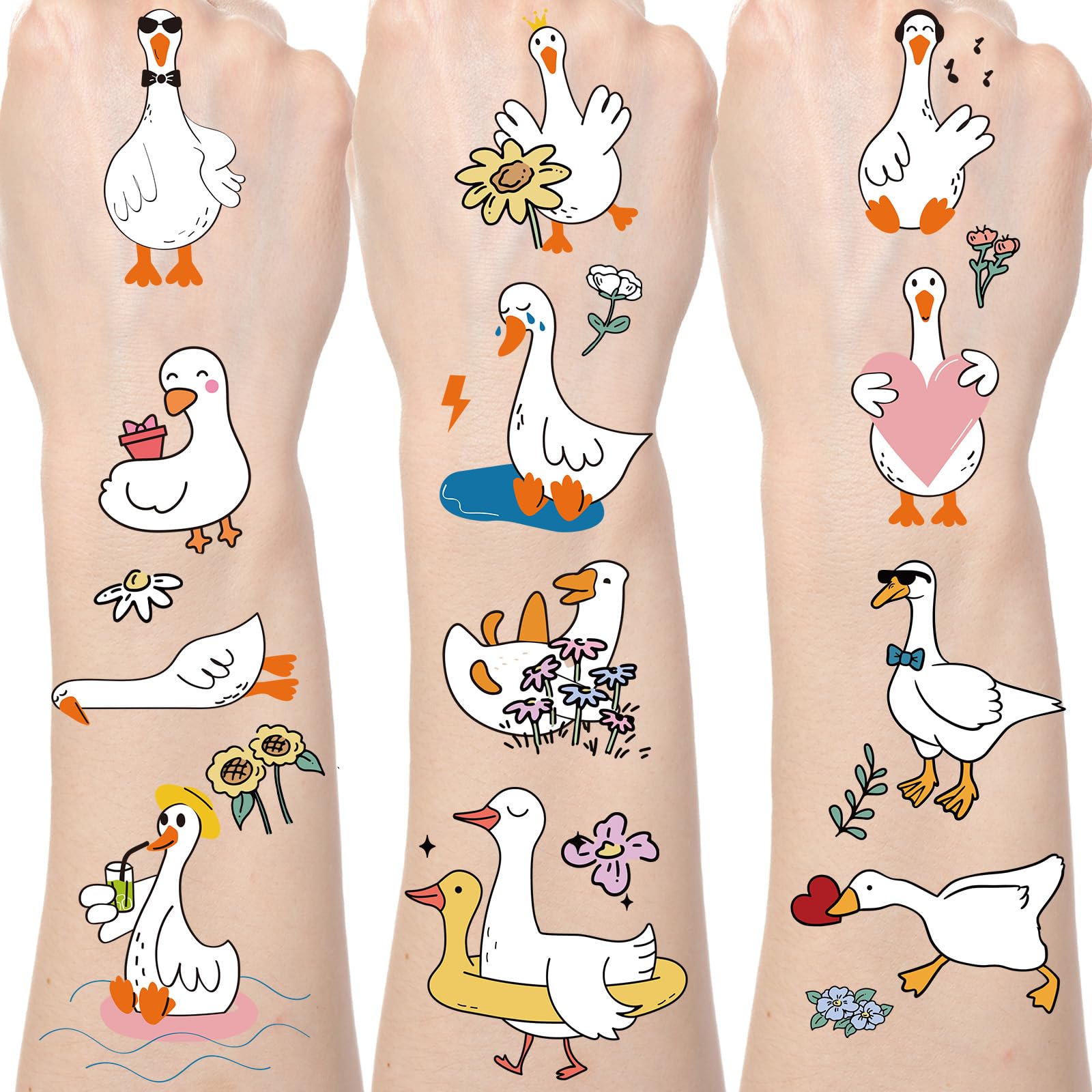 Gameza funny goose tattoos on six sheets show colorful designs for birthday parties.