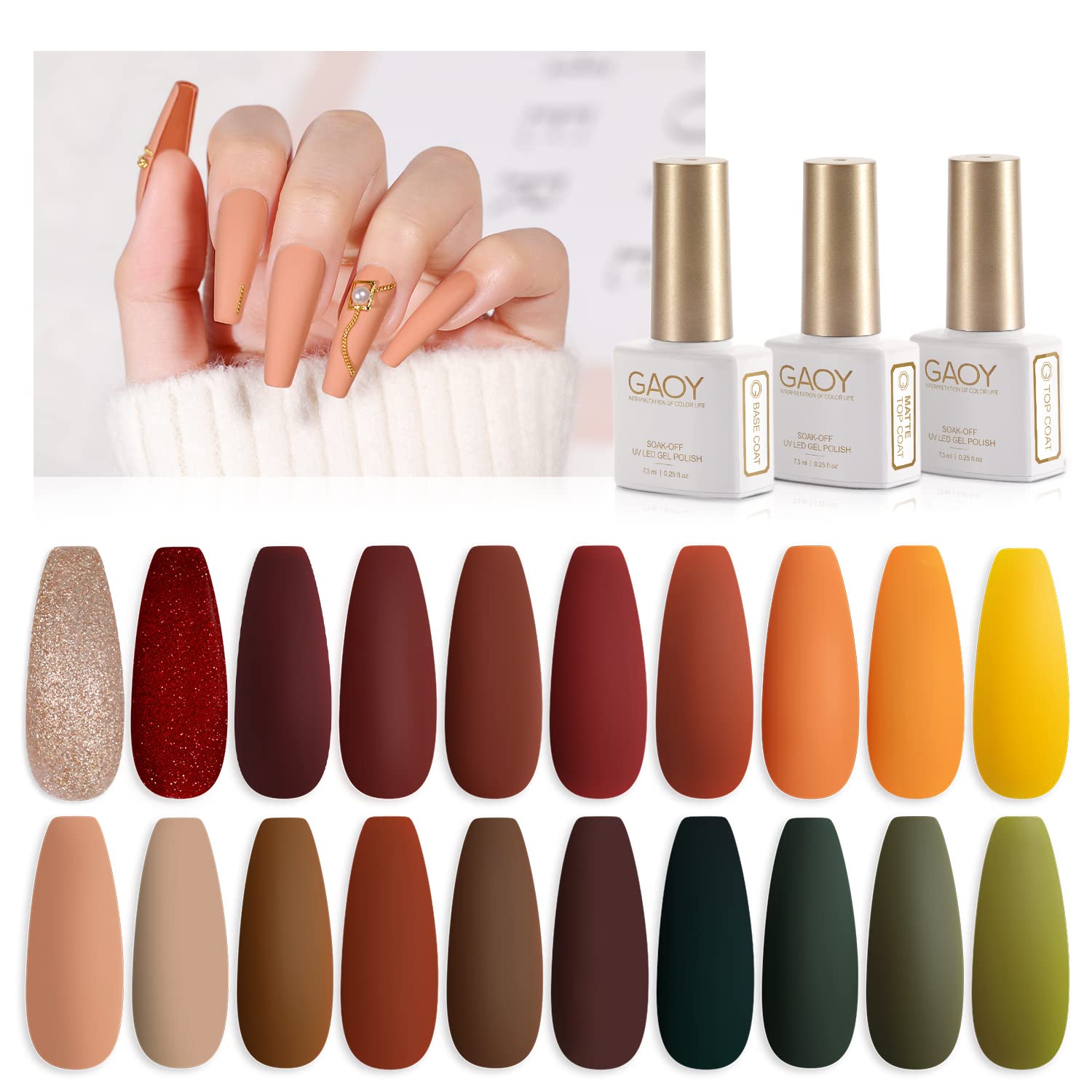 GAOY gel nail polish set with 20 colors and glossy top coat.