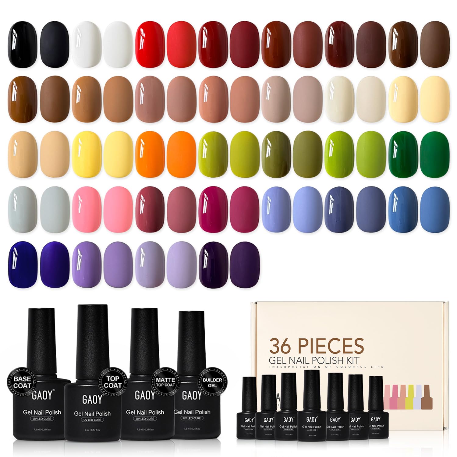 GAOY 36-pcs gel nail polish set shown in full kit for versatile at-home manicures.