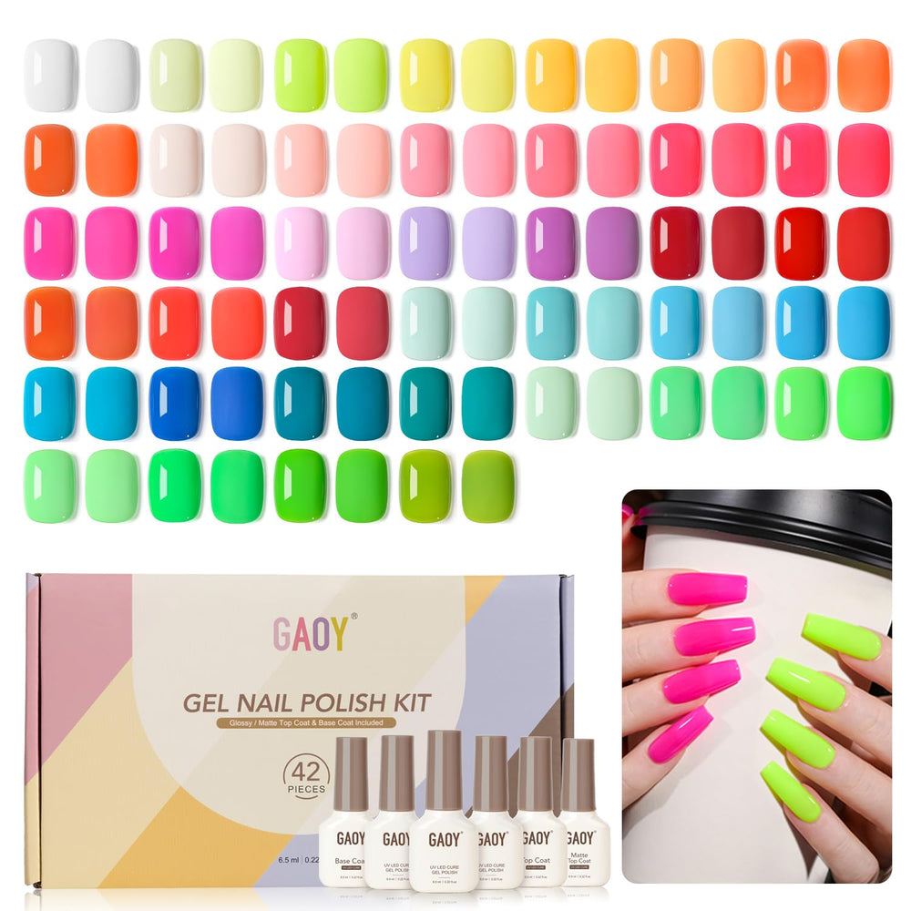 GAOY 42-Pcs gel nail kit with neon color swatches for vibrant at-home manicures.