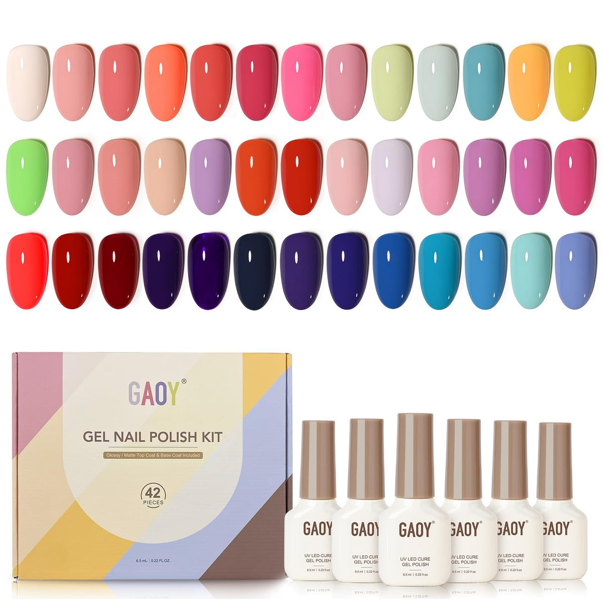 GAOY 42 Pcs Gel Nail Polish Kit with neon colors for salon or DIY manicures, long-lasting shine