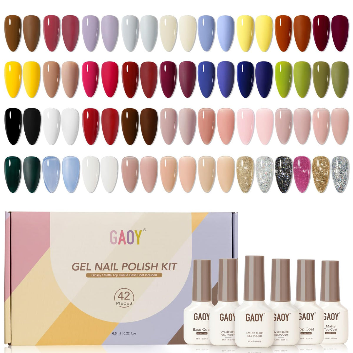 GAOY 42-pcs gel nail polish kit laid out for a complete manicure set.