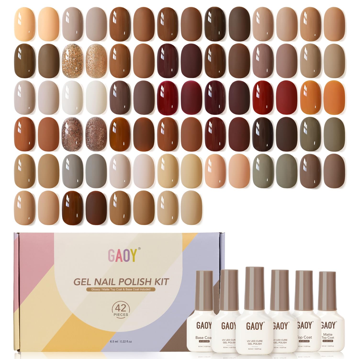 GAOY 42 Pcs Gel Nail Polish Kit with color swatches for a salon-ready fall look at home.