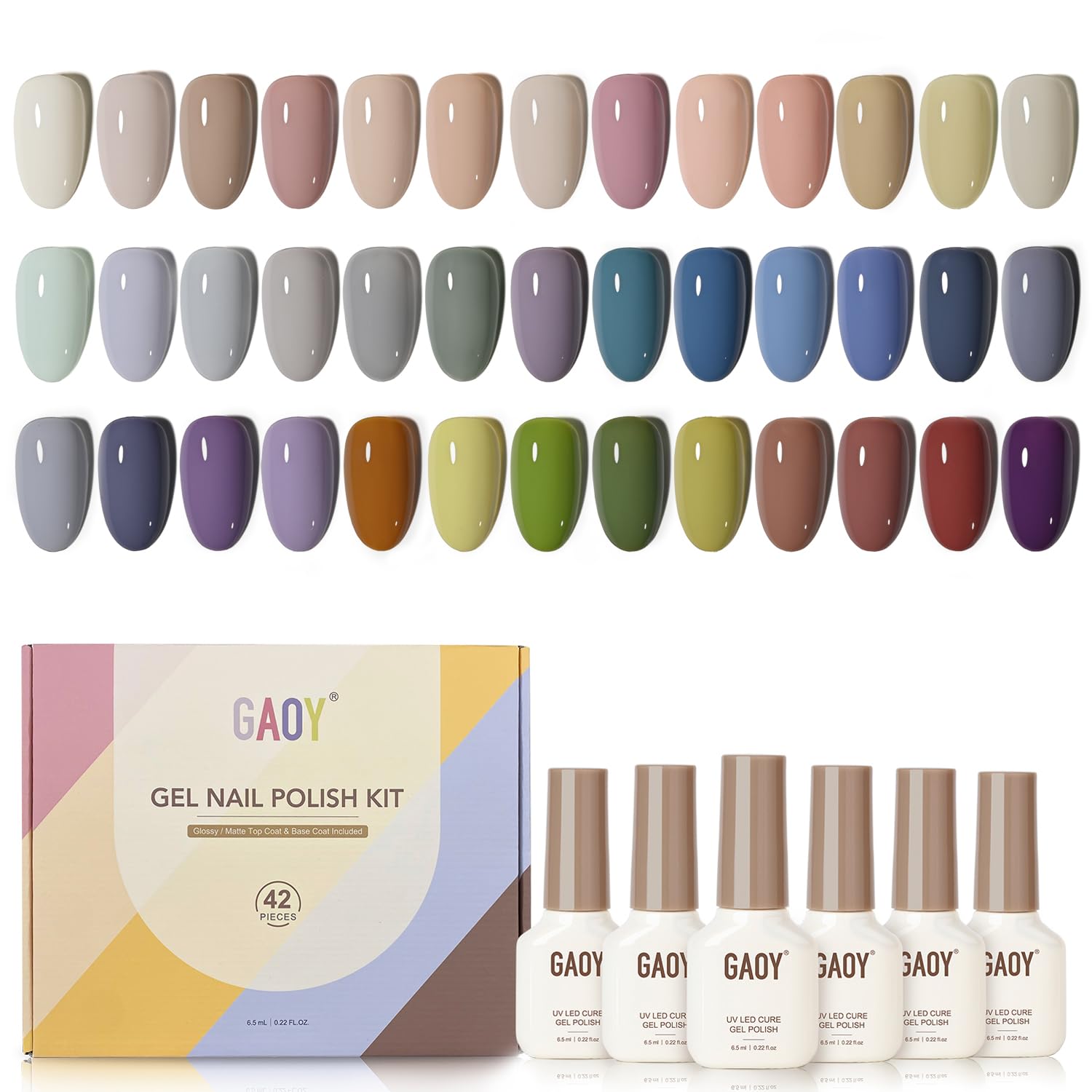 GAOY 42-pcs gel nail polish kit showing glossy and matte top coats for at-home manicure versatility