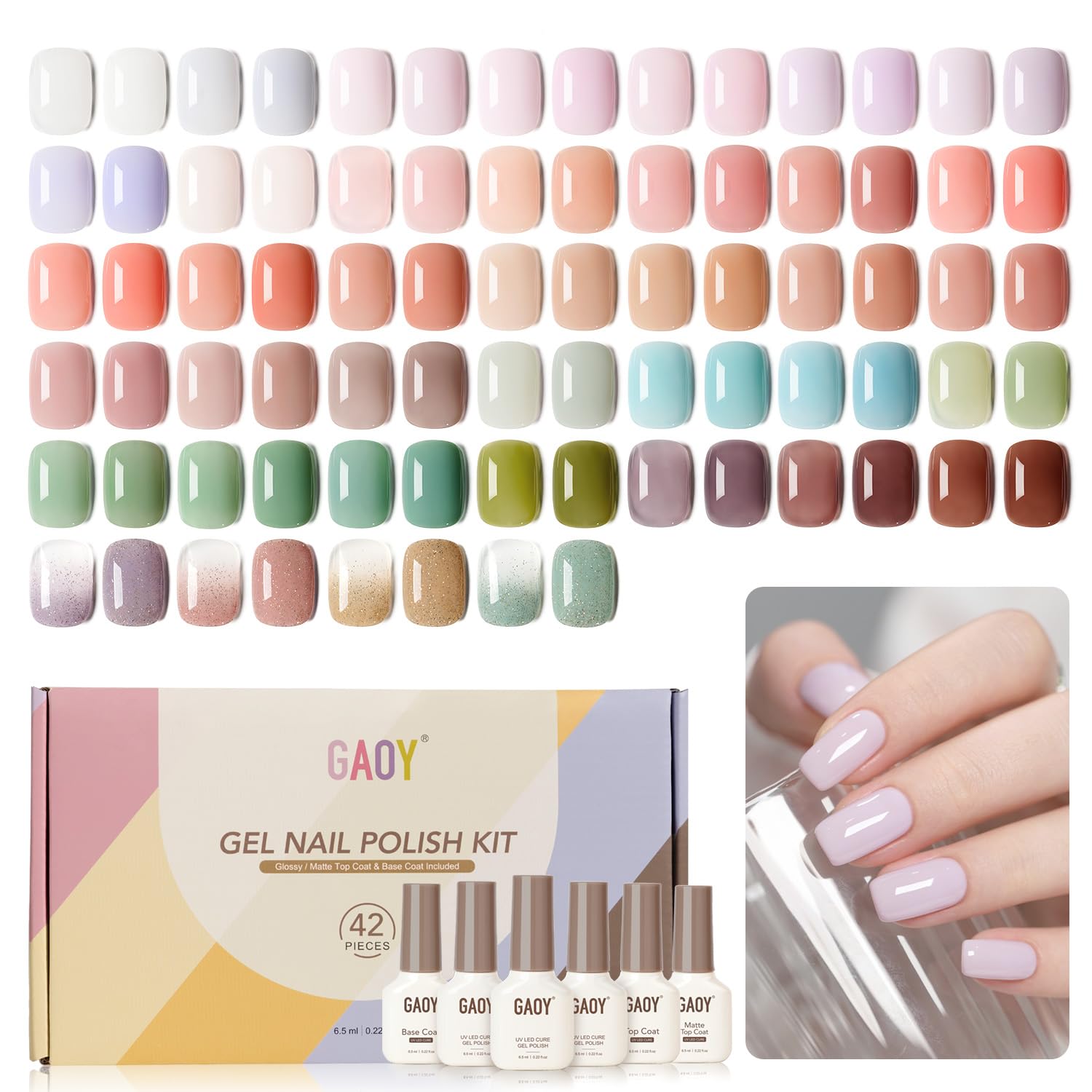GAOY 42-piece kit swatches pastel pink and green tones for versatile looks