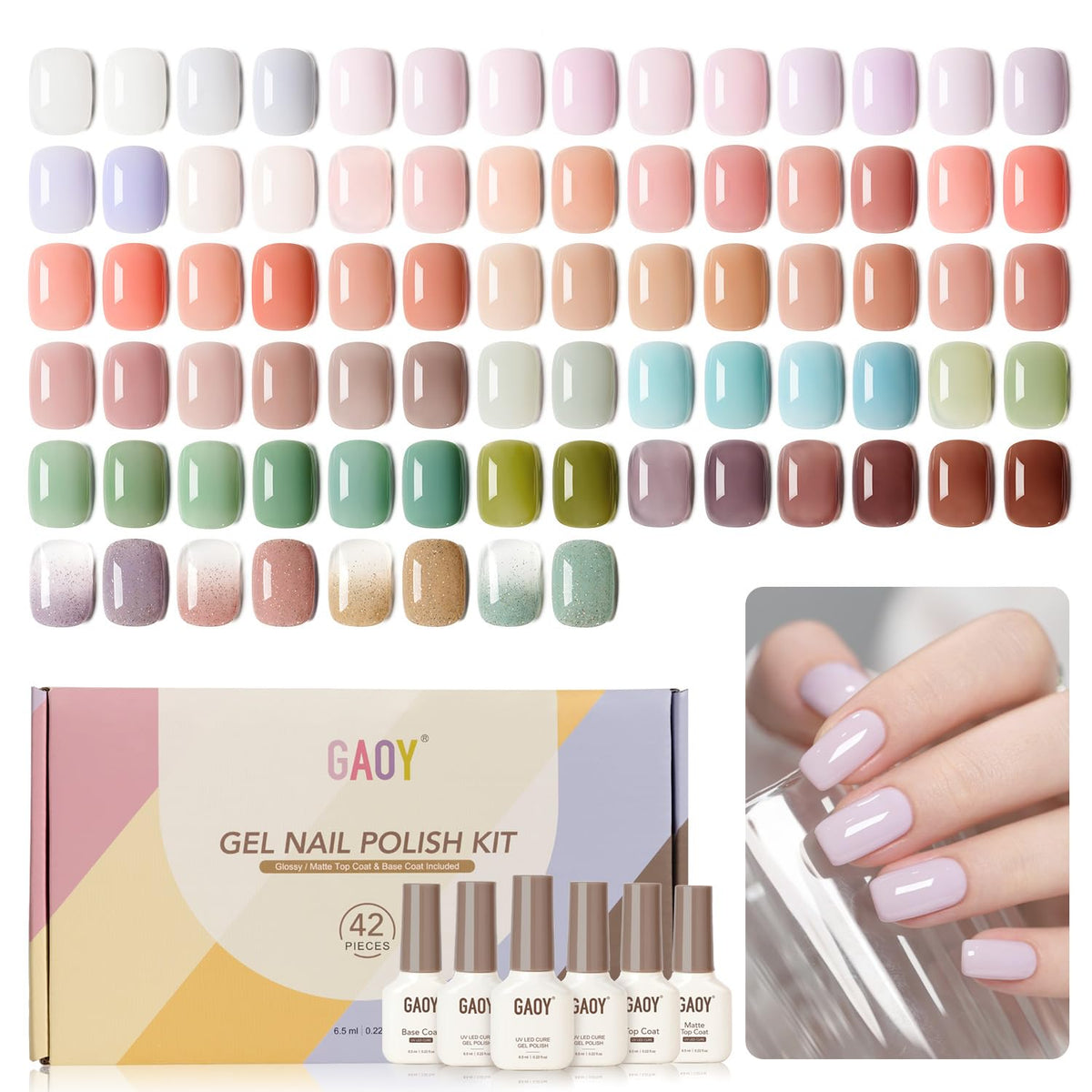 GAOY 42-piece kit swatches pastel pink and green tones for versatile looks