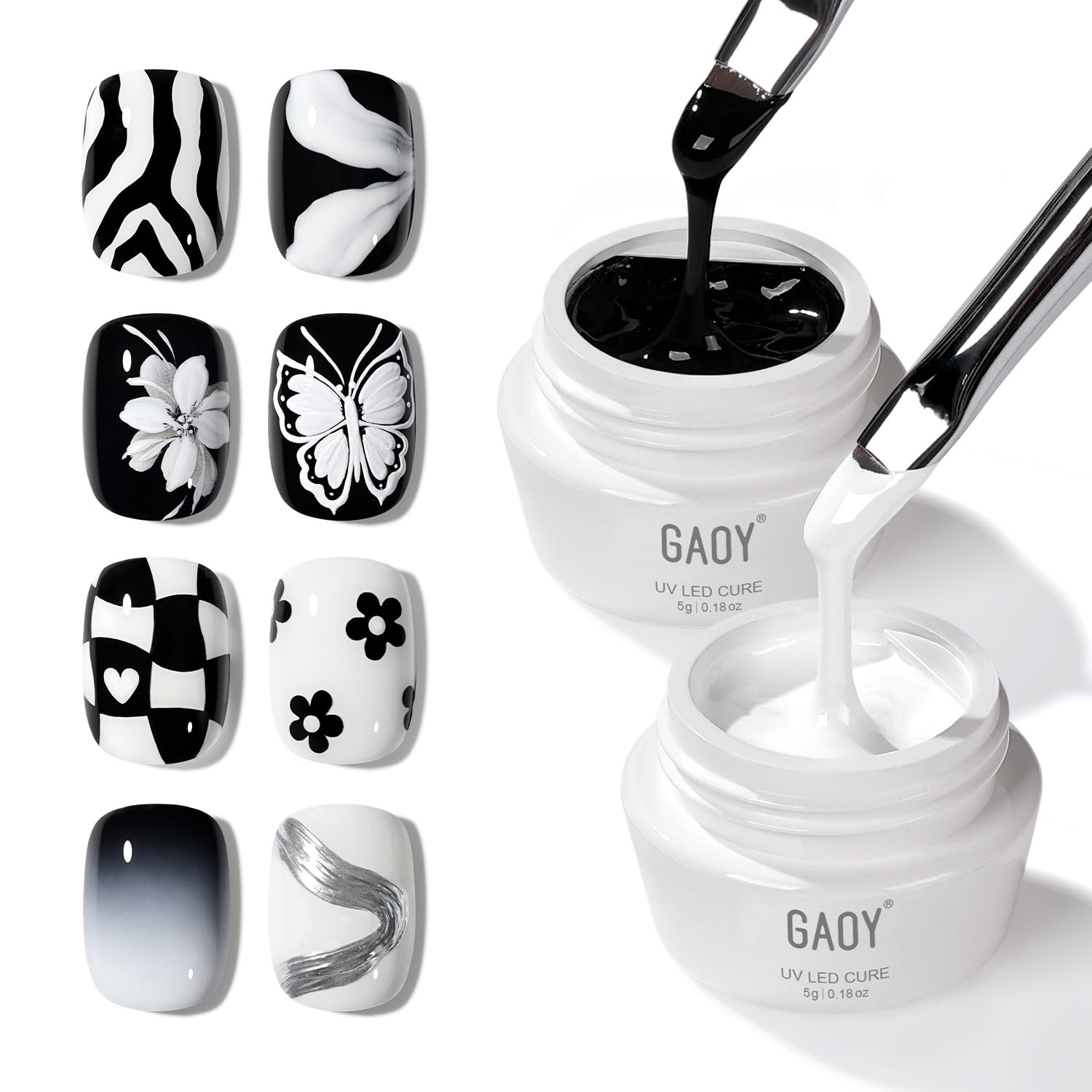 GAOY Black & White Painting Gel set swatches show bold contrast for micro art