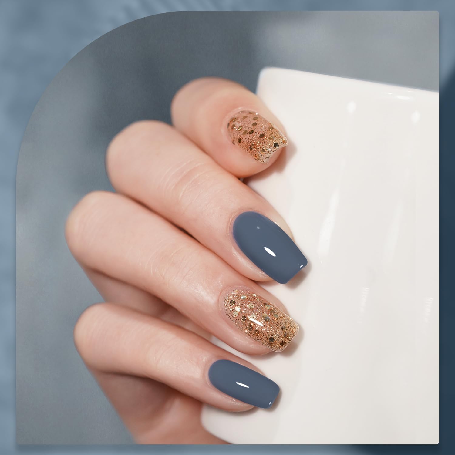 GAOY Blue Borealis gel polish side view reveals glossy finish potential.