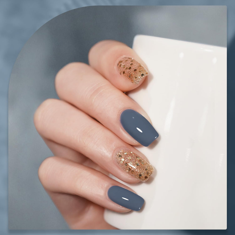 GAOY Blue Borealis gel polish side view reveals glossy finish potential.
