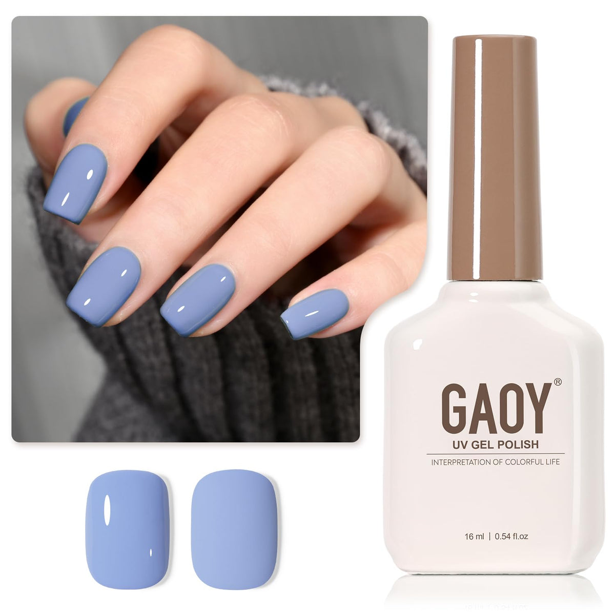 GAOY Serenity Blue gel polish bottle showing 16ml capacity for at-home manicures and long-lasting color.