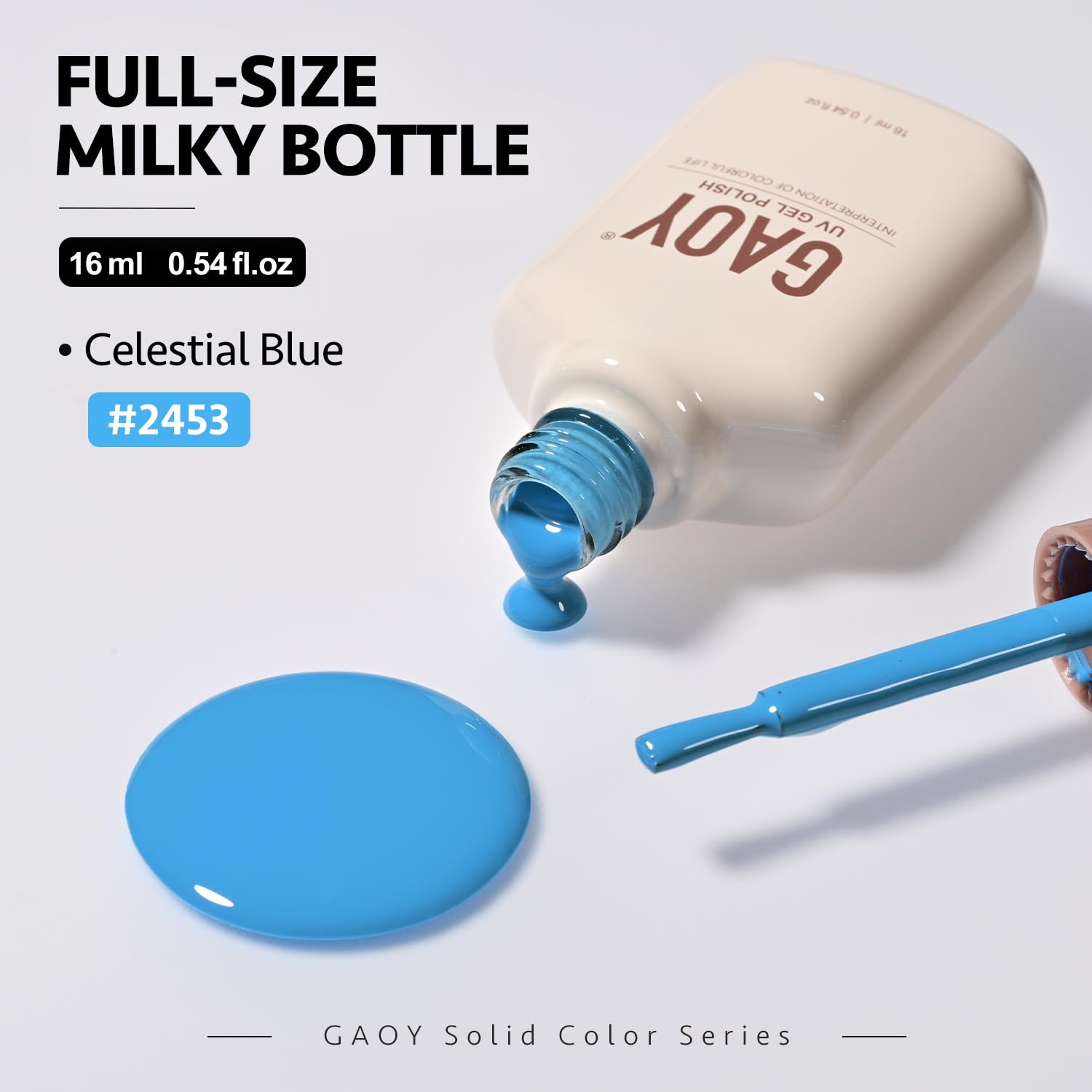 GAOY Celestial Blue 16ml bottle supports multiple at home manicures.