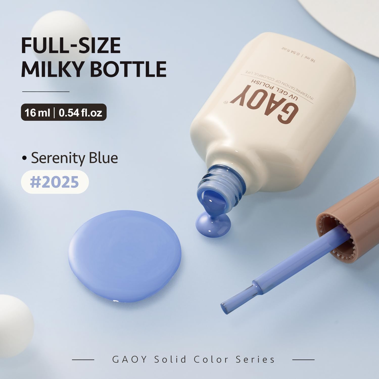 GAOY Serenity Blue packaging highlights the 16ml gel polish with low odor formula.