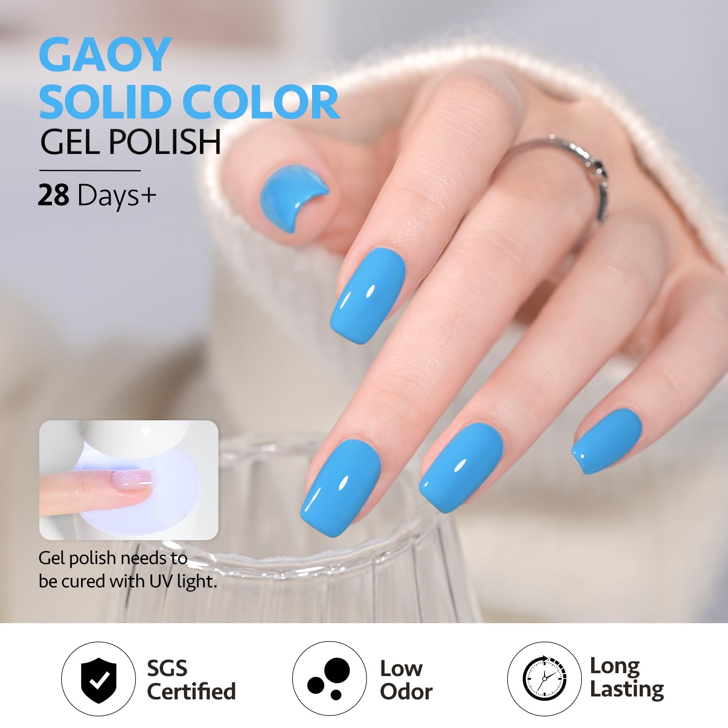 GAOY Celestial Blue gel polish with top coat for shimmering finish.