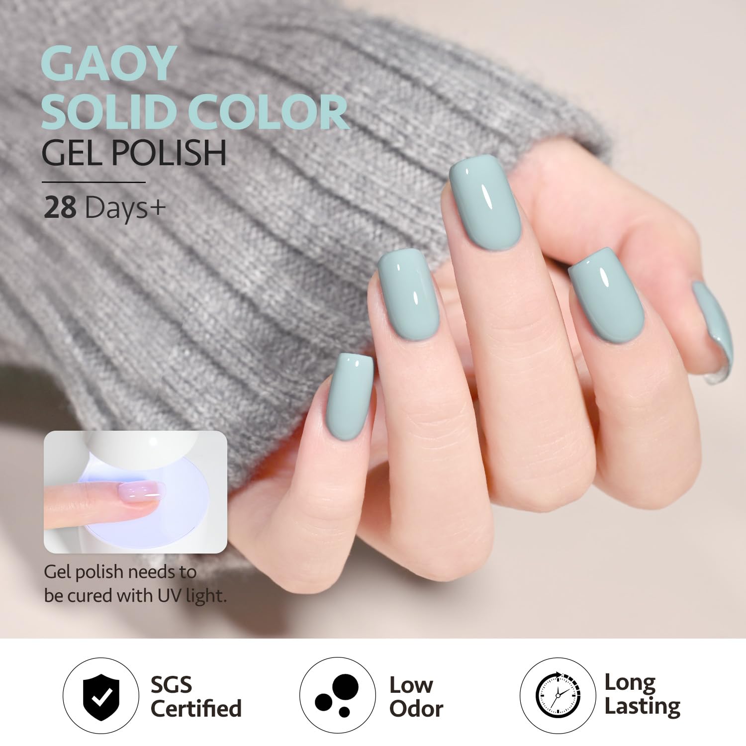 GAOY blue gel polish packaging communicates quality and safety compliance.