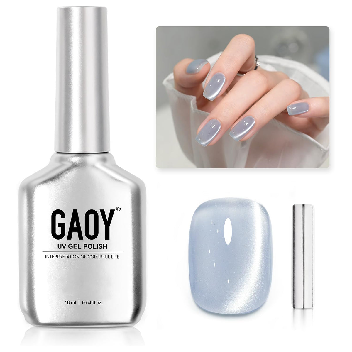 GAOY Moonlight Coast gel polish bottle shows blue cat-eye shimmer for at-home elegance.