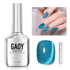 GAOY Blue Tears bottle shows cat-eye holographic shimmer for at-home nails.