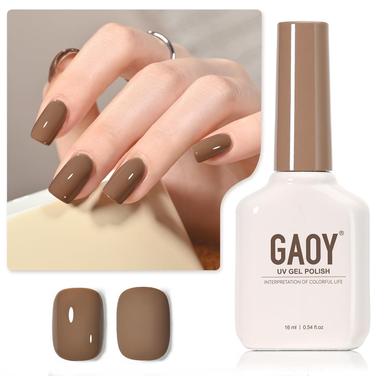 GAOY Brown gel nail polish bottle ready for at-home manicure.