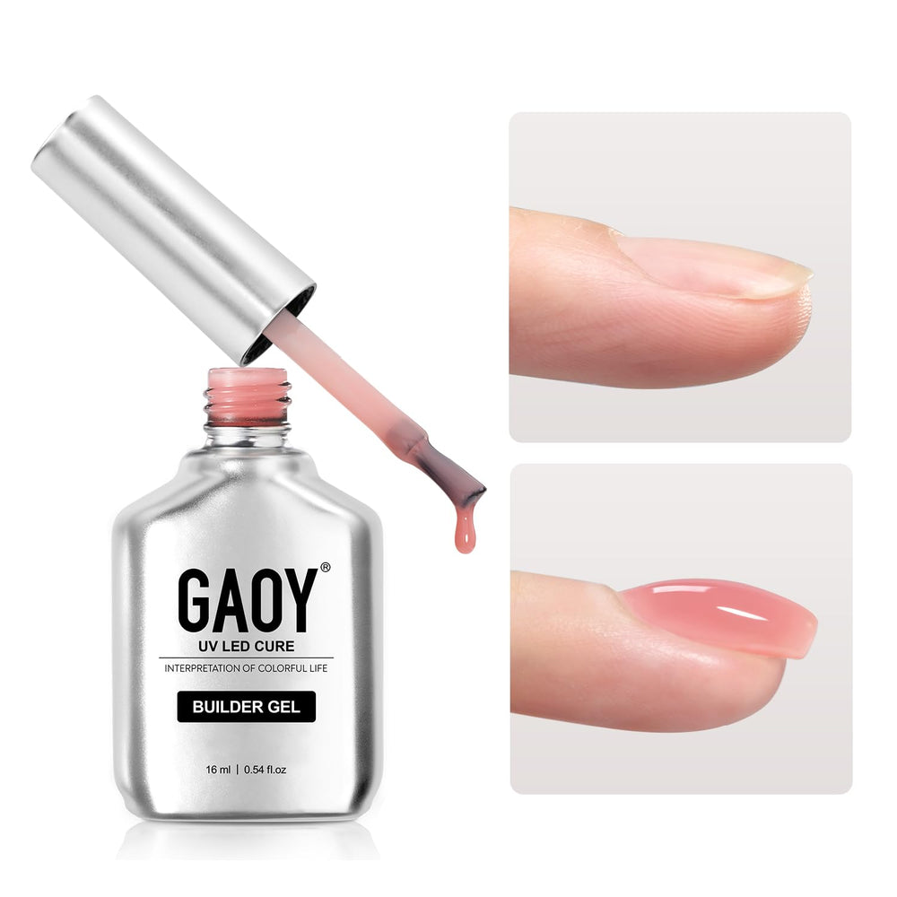 GAOY Builder Gel rose pink bottle close-up showing durable, natural-looking nails