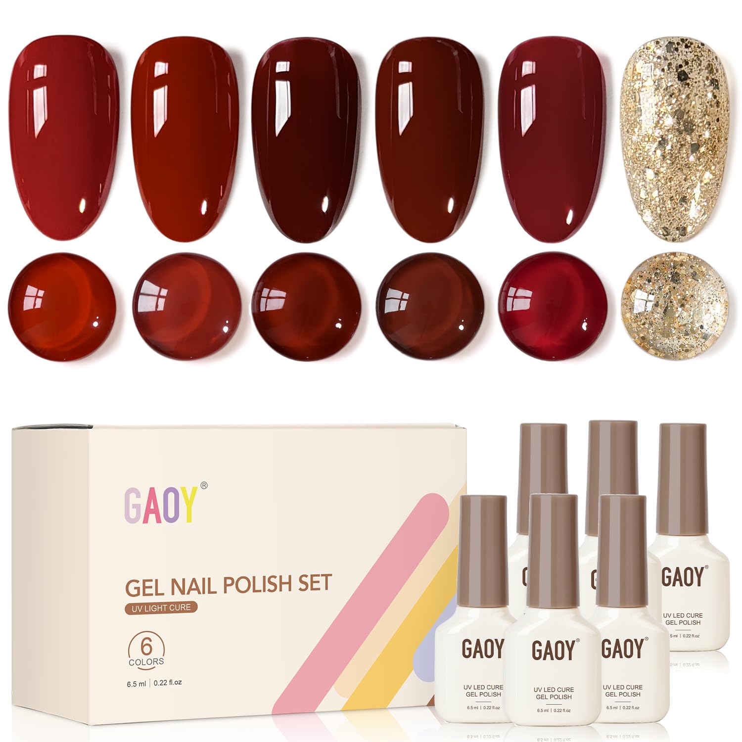 GAOY burgundy red gel polish bottles show rich color for salon or home manicure.