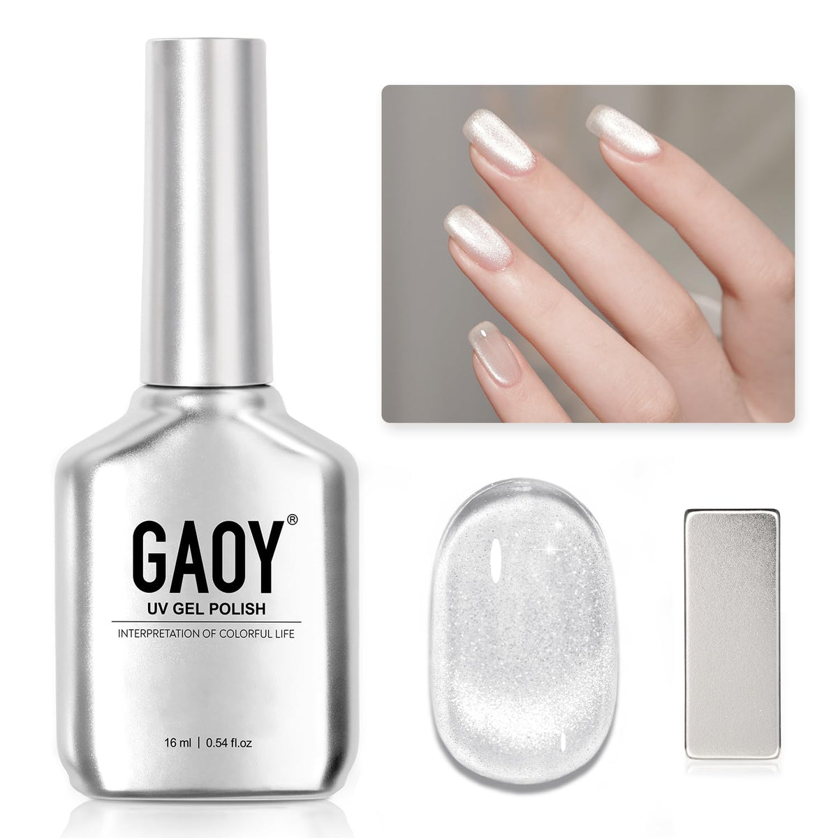 GAOY Cat Eye Gel Polish bottle with magnet showing crystal 2028 shimmer for at-home nail art.