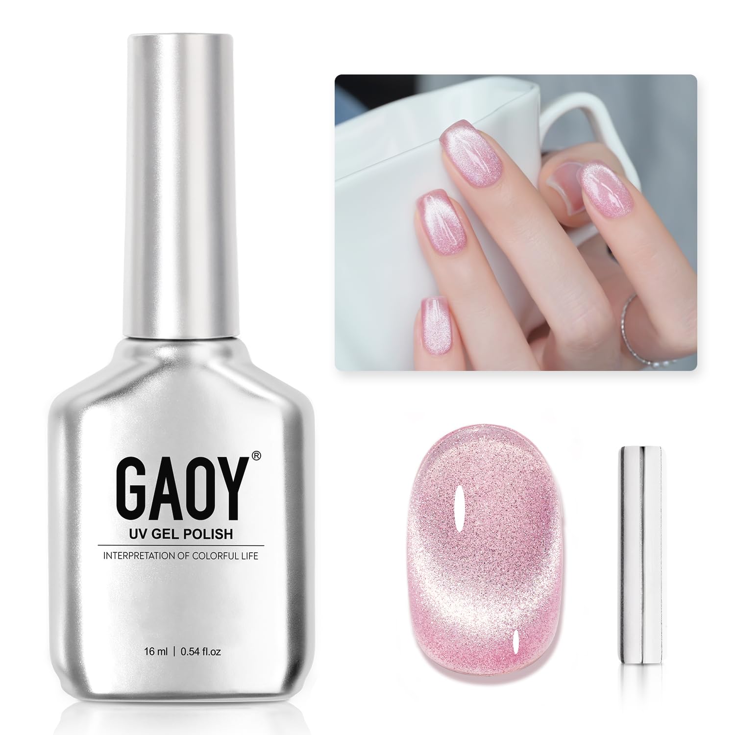 GAOY Cat Eye gel polish bottle with pink glitter and magnet for at-home nail art