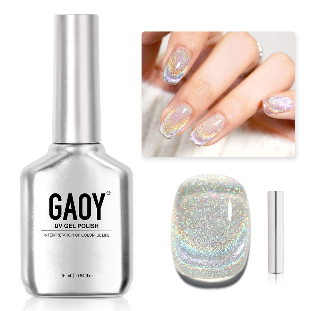 GAOY Cat Eye Gel Nail Polish magnet pattern creates shimmering rainbow effect.