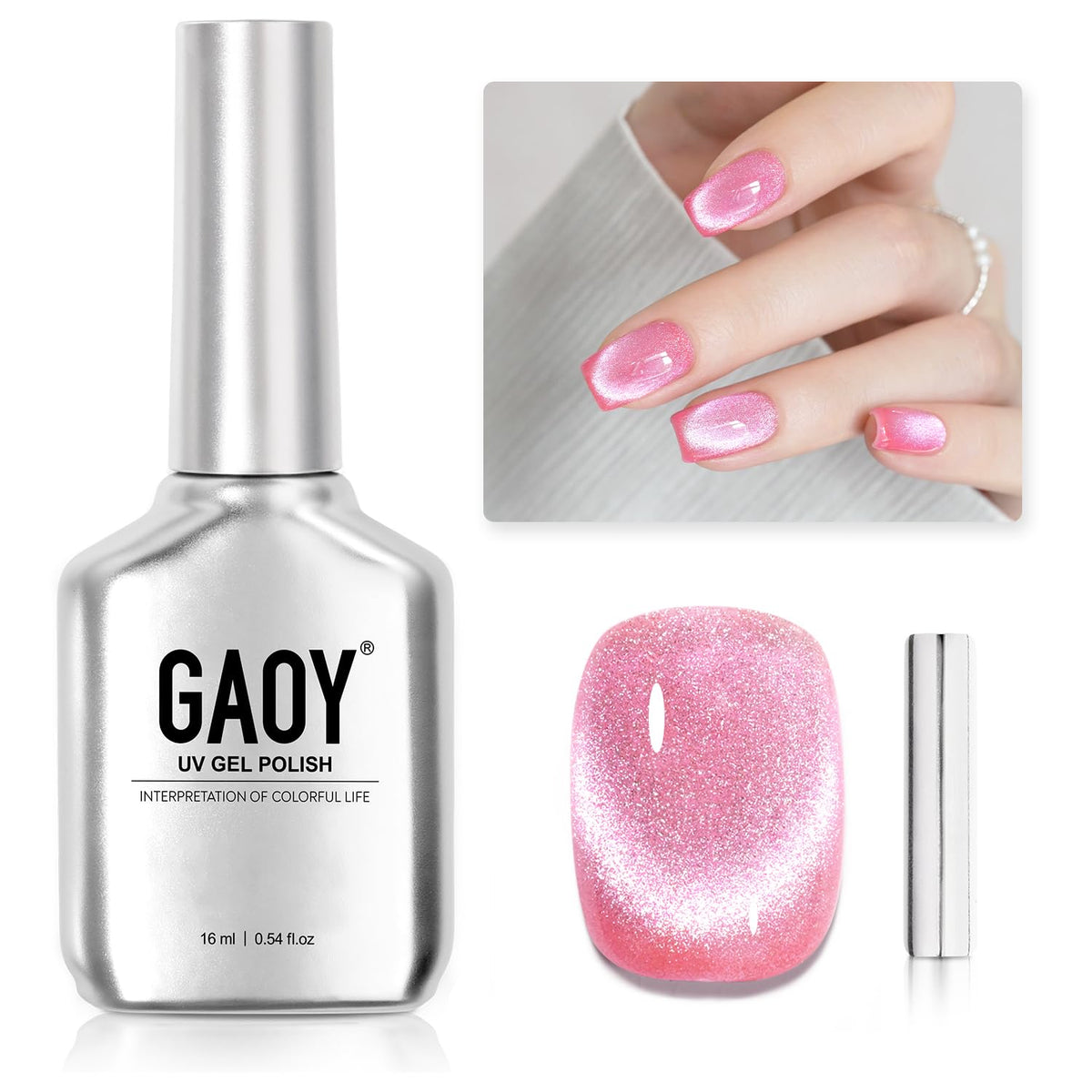 GAOY cat eye gel nail polish with pink glitter and magnet for chic shine.
