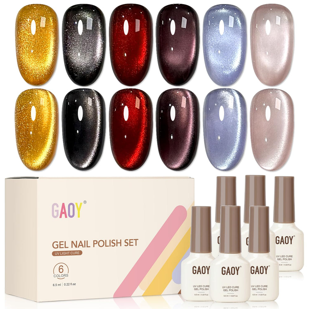 GAOY Cat Eye polish packaging shows six colors for at-home manicures