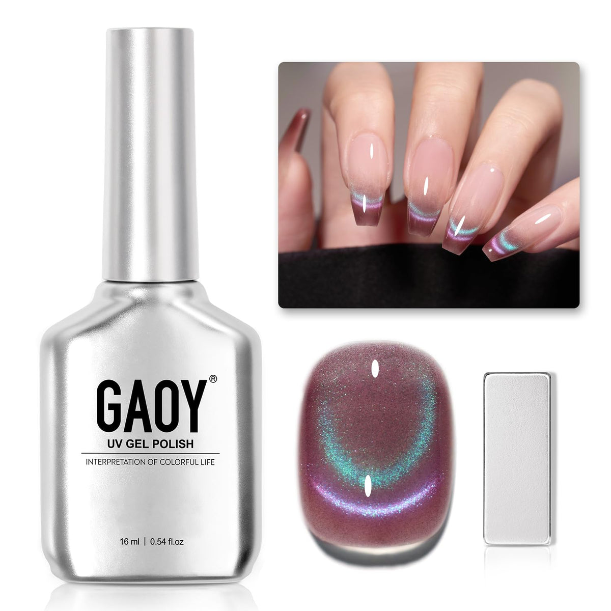 GAOY Cat Eye Magnet pattern on bottle shows shifting shimmer for chic nails