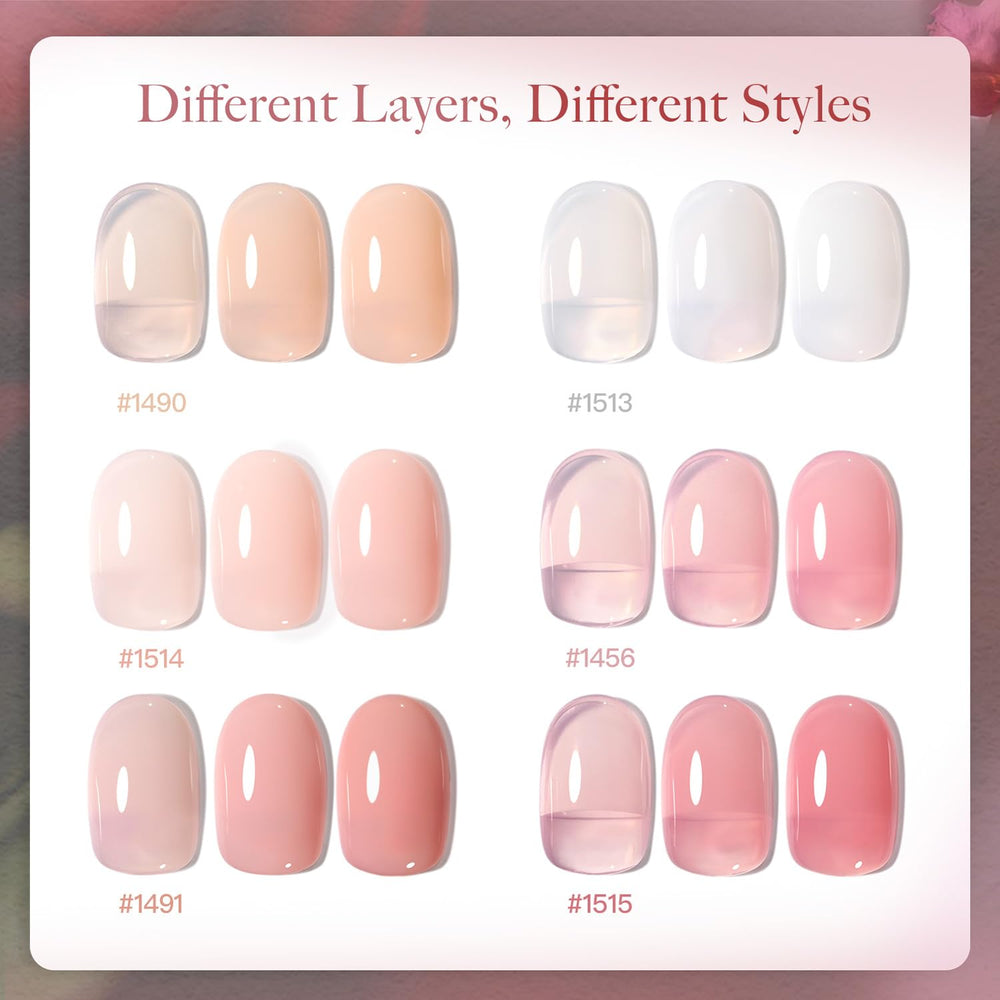 GAOY color swatch pack showing sheer milky white to pink gel tones