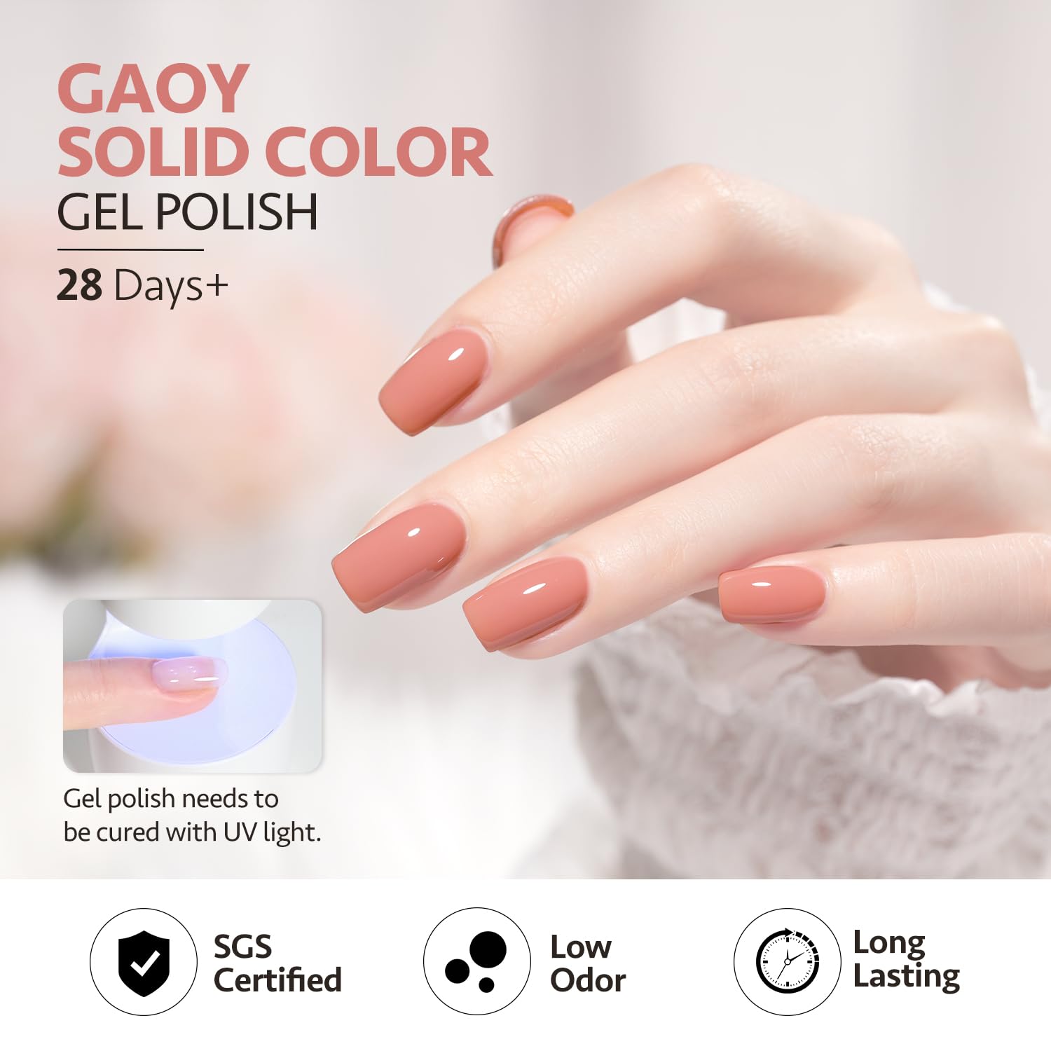 GAOY coral gel polish bottle creates vibrant accent for spring nail art at home.