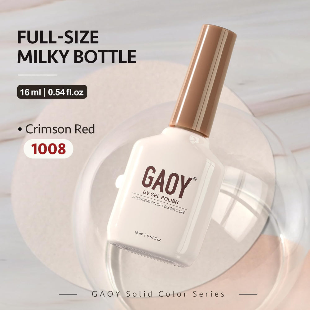 GAOY crimson-red gel-nail polish bottle close-up with label visibility.
