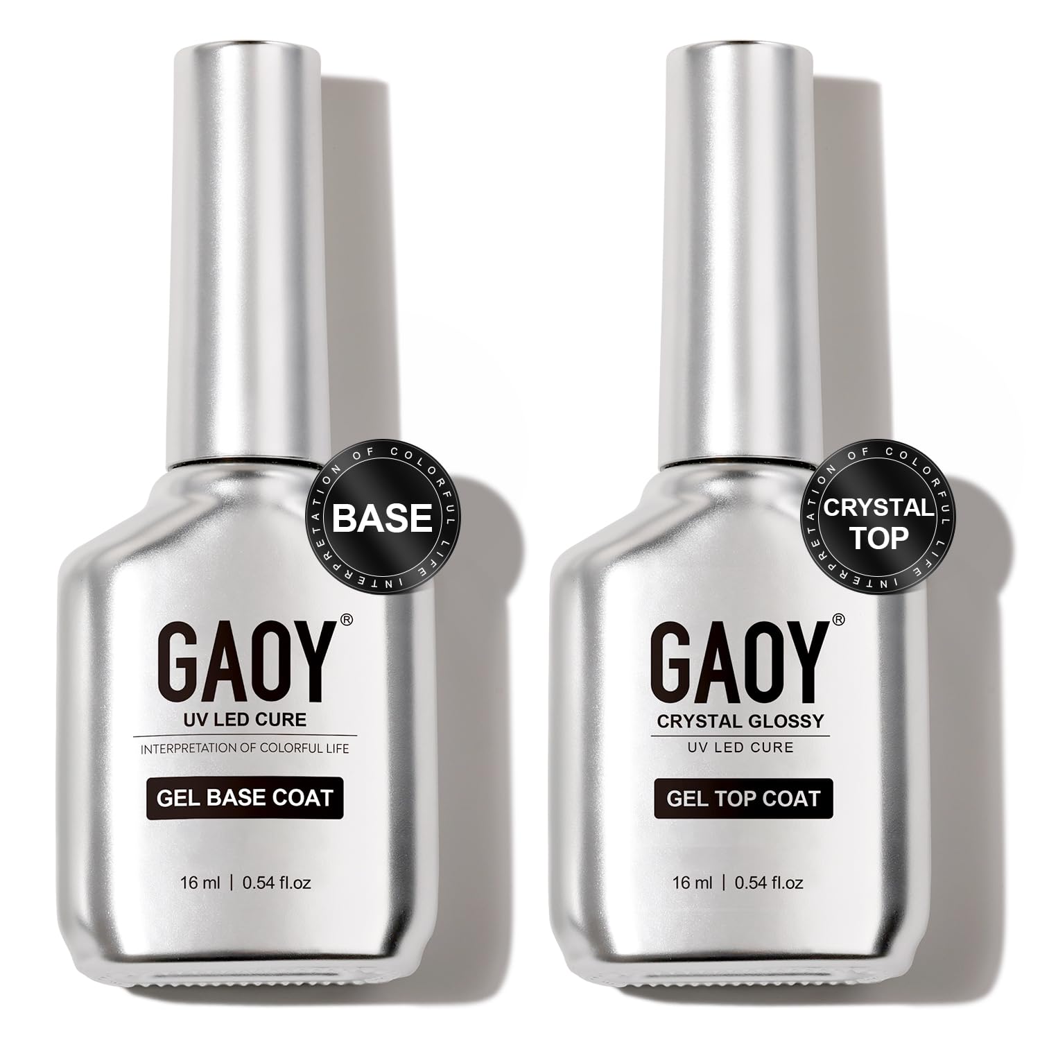 GAOY Crystal Glossy Top Coat bottle with a chrome-like finish for lasting shine.