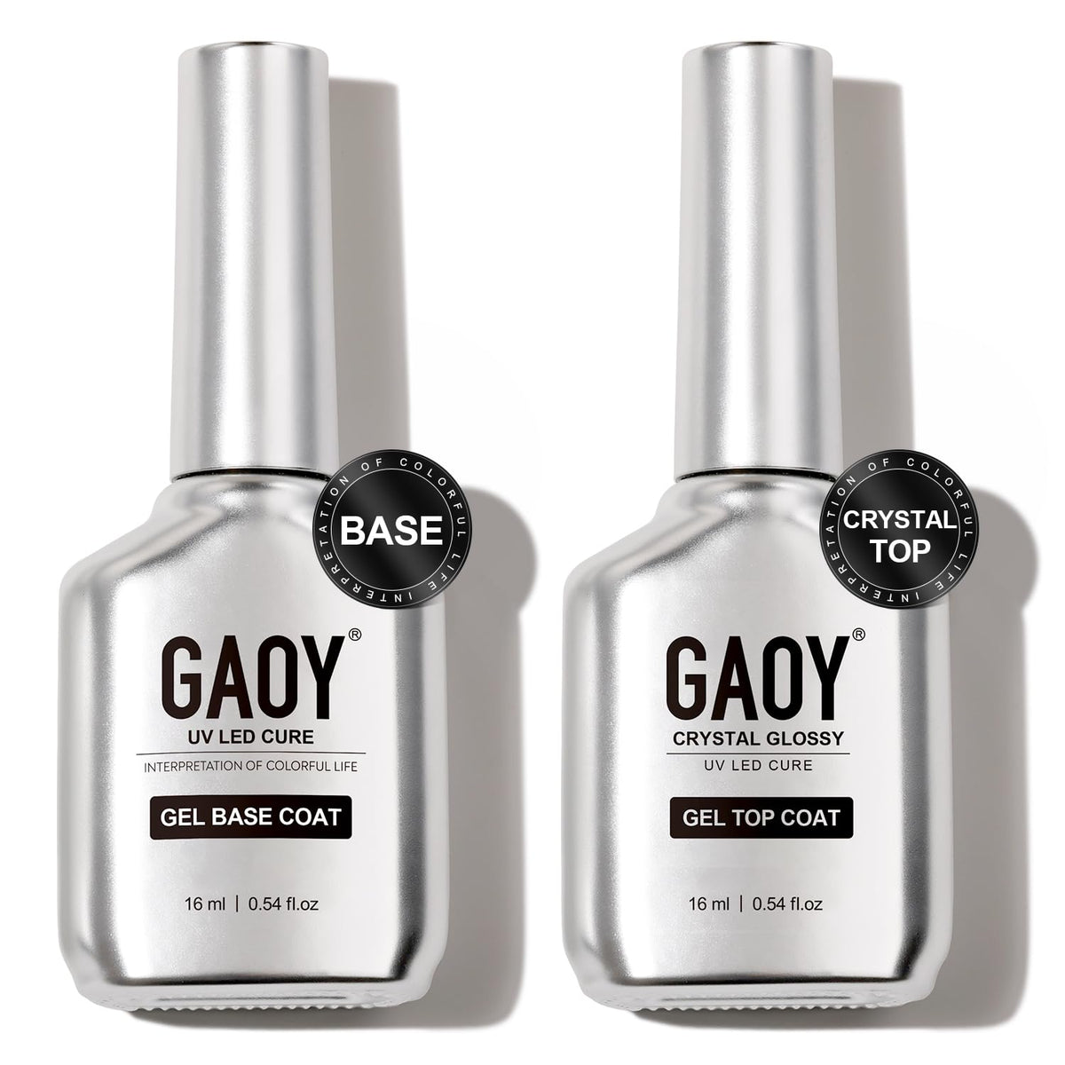 GAOY Crystal Glossy Top Coat bottle with a chrome-like finish for lasting shine.