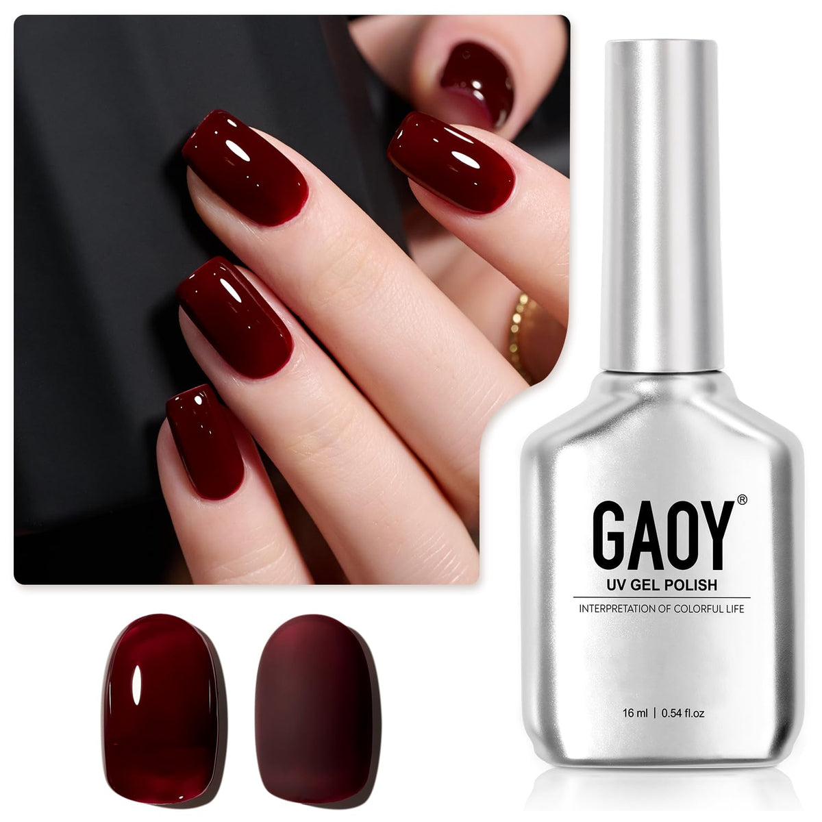 GAOY Dark Red Gel Nail Polish bottle with brush for an at-home manicure.